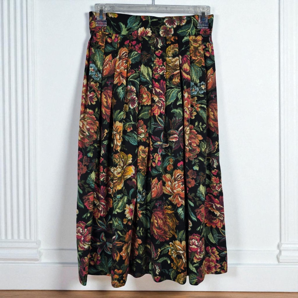 Kithie Lee Floral Tapestry Skirt Woman 6 Pleated A-Line Midi Vintage 80s Union‎